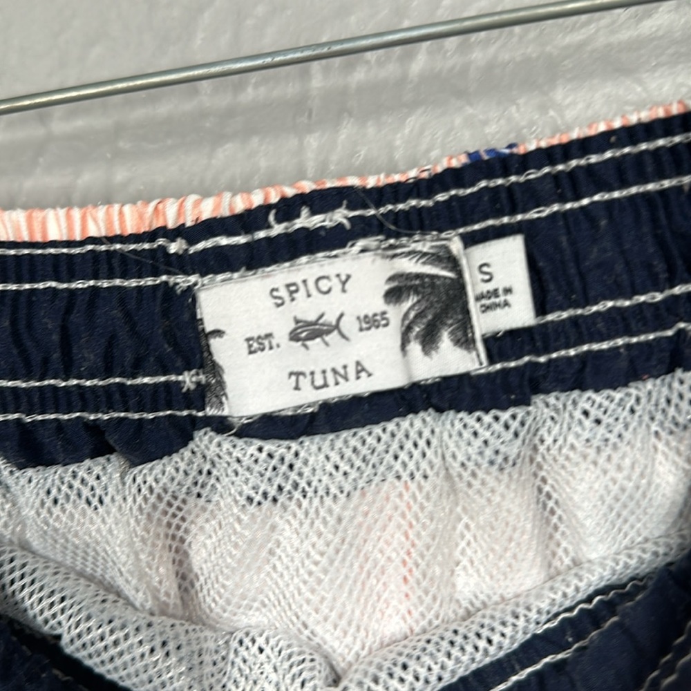 Spicy Tuna Pink Coral & White Striped Duck Print Men's Swim Trunks Size … - Picture 6 of 10